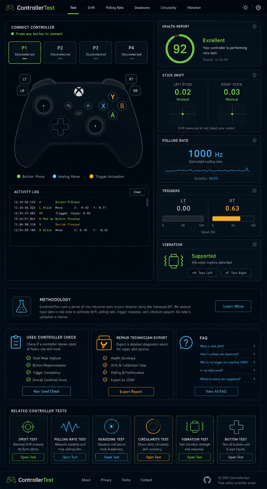Controller diagnostic dashboard preview with gamepad health readings